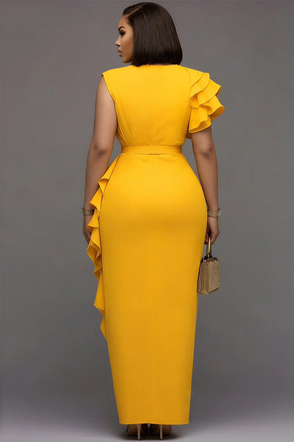 Cocktail Party Yellow Round Neck Ruffle Split Maxi Dresses