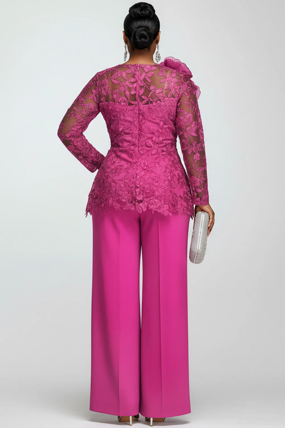 Mother Of The Bride Chiffon Hot Pink Round Neck Long Sleeve 3D See Through Lace Two Piece Pant Suits