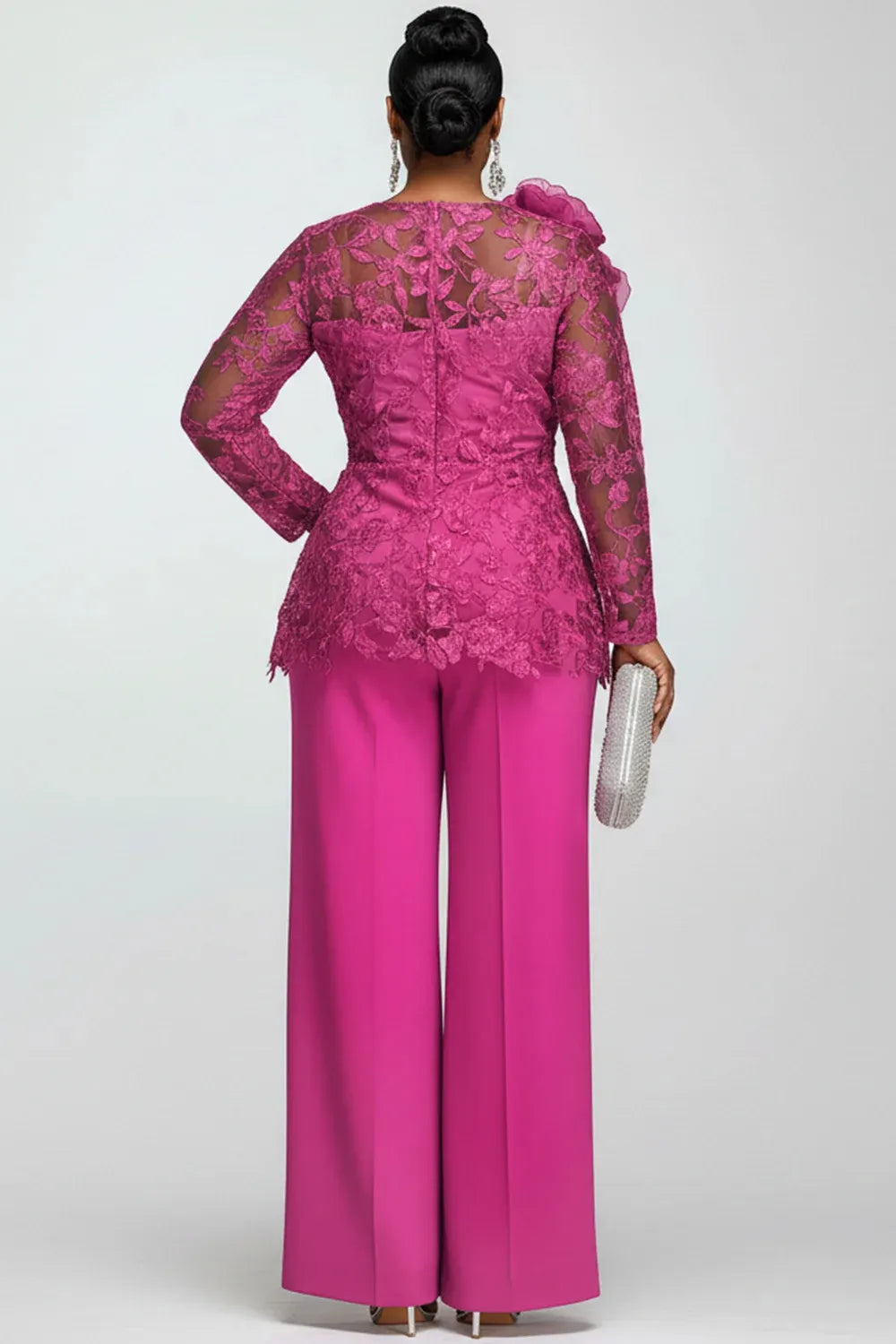 Mother Of The Bride Chiffon Hot Pink Round Neck Long Sleeve 3D See Through Lace Two Piece Pant Suits