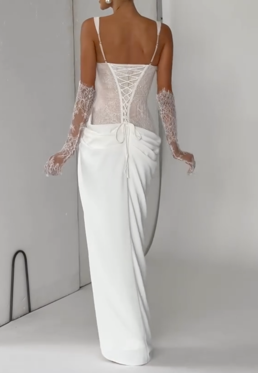 White Lace Corset Bustier Ruched Skirt Mermaid Maxi Wedding Dress With Matching Lace Gloves