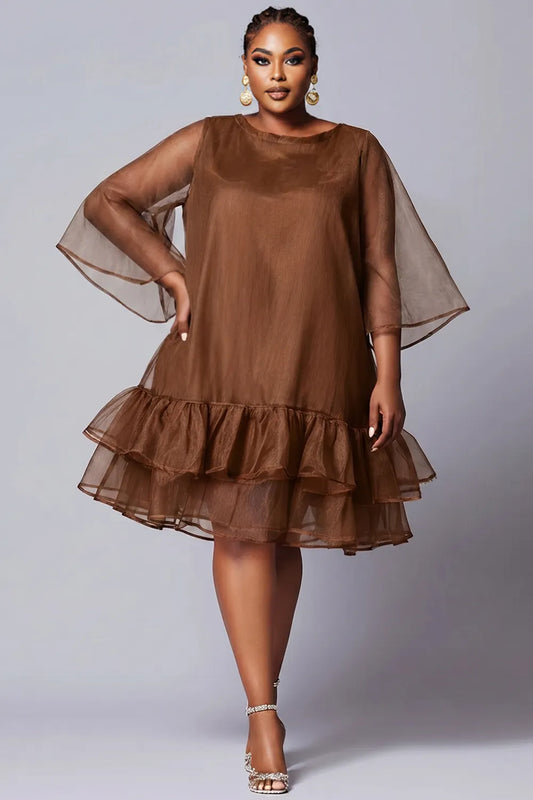 Party Elegant Brown Round Neck Flare Short Sleeve Ruffle Organza Midi Dresses