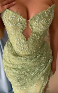 Sage Green Strapless Beaded Lace Mermaid Maxi Dress with High Slit - Formal Evening Gown