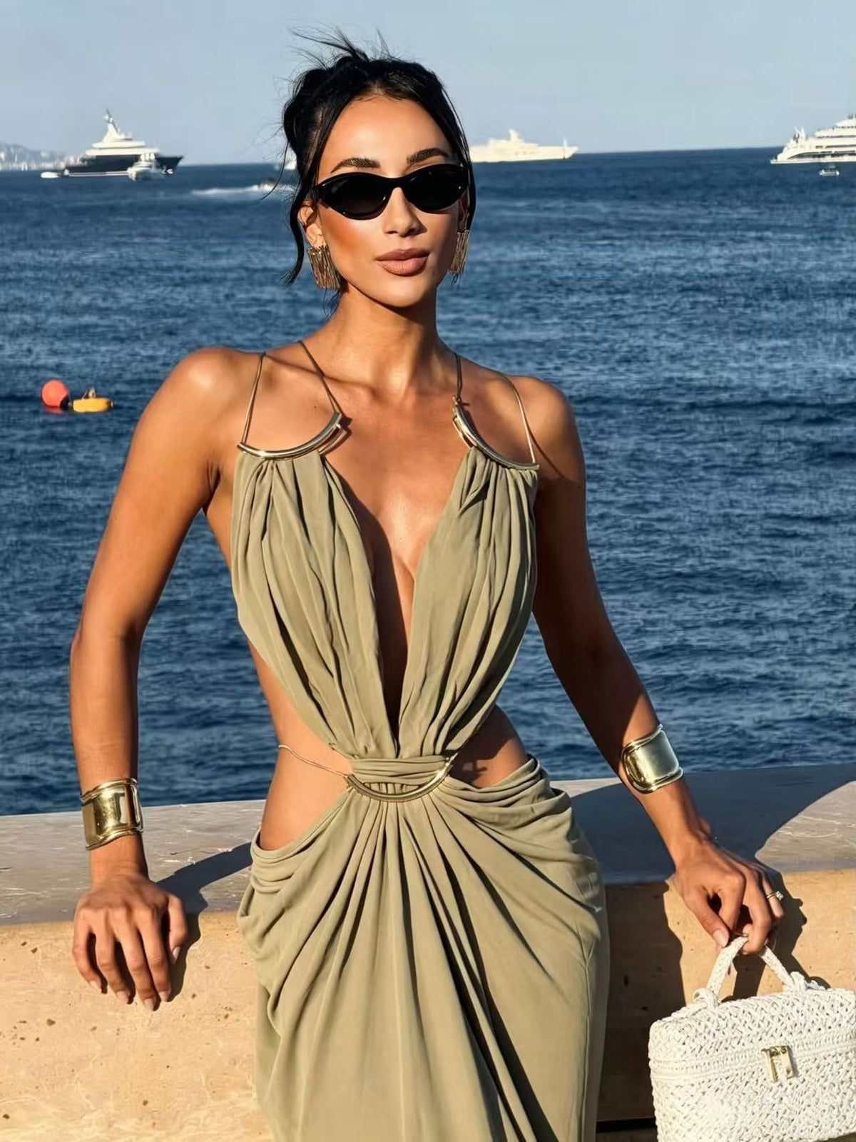 Glamorous Gold Ring Draped Cut-Out Resort Maxi Dress