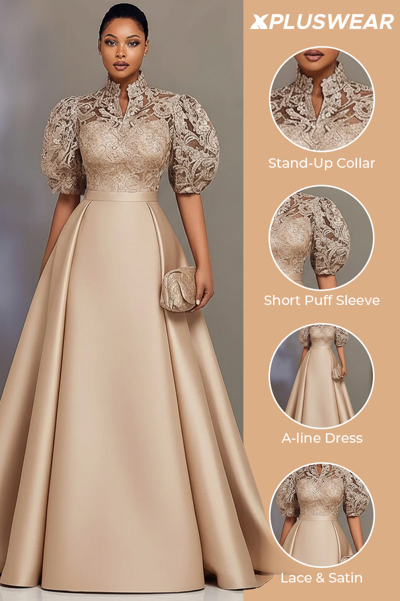 Satin Champagne Stand-Up Collar Puff Sleeve Short Sleeve Pleated Contrast Lace Maxi Dresses