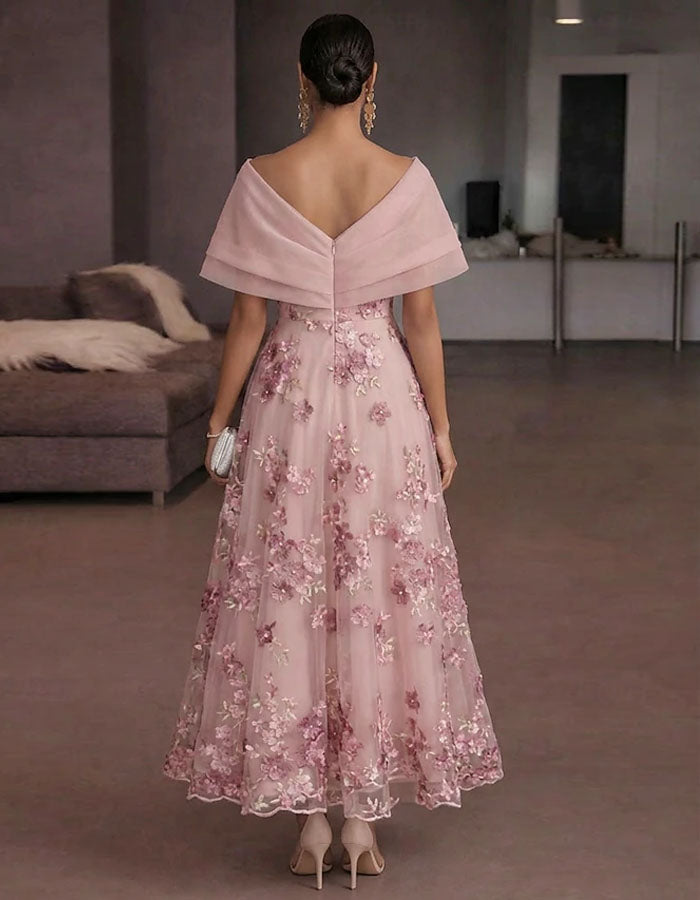 Solid Color Off Shoulder 3D Floral Embroidery Maxi Dress