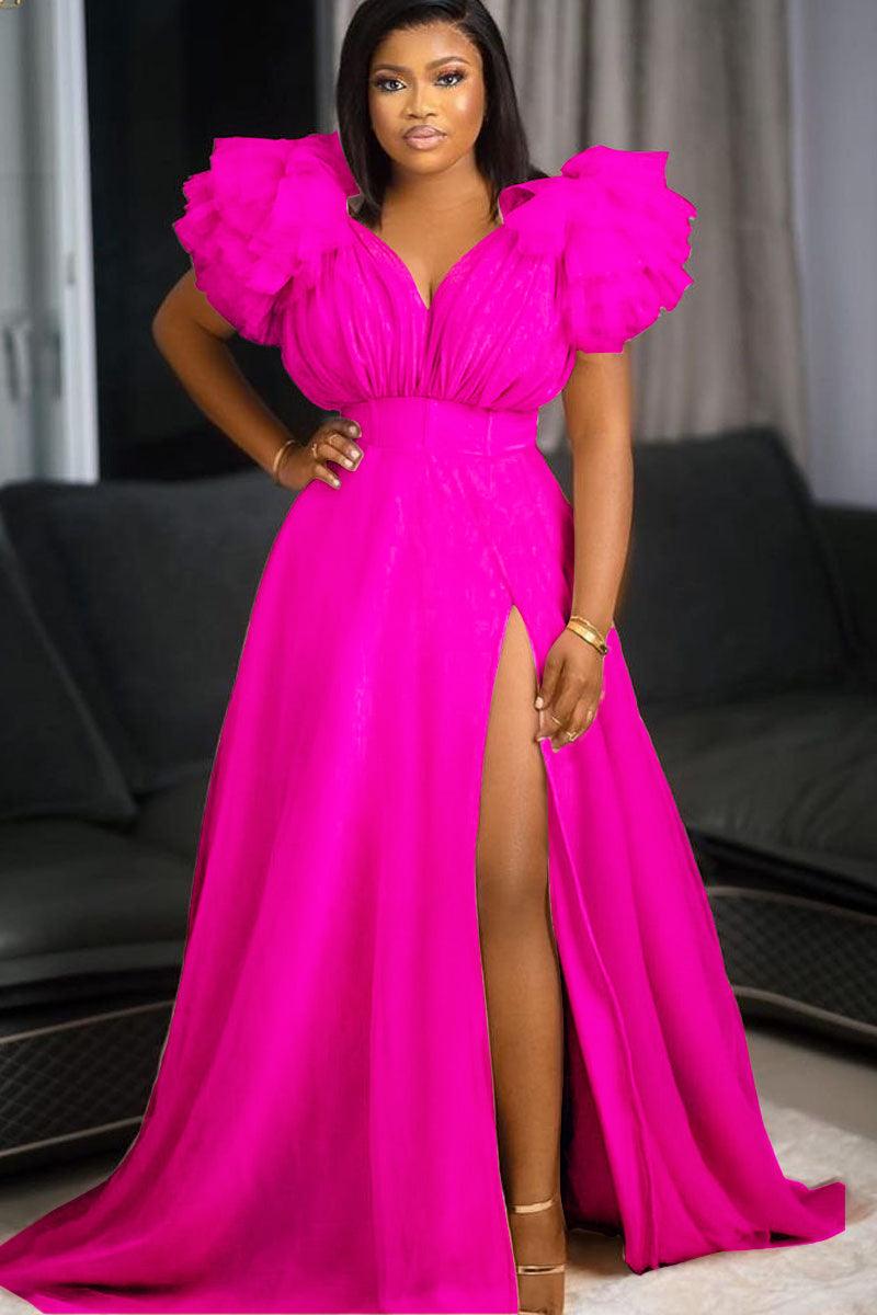 Pink Split Joint V Neck Tulle Ruffle Trailing Maxi Dress
