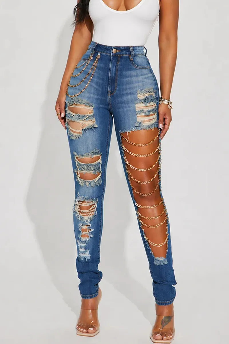 Women's Casual Chain Detail Skinny Jeans