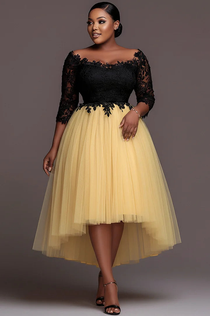 Cocktail Party Lace Yellow Colorblock Round Neck 3/4 Sleeve High Low Hem Tulle Midi Dresses