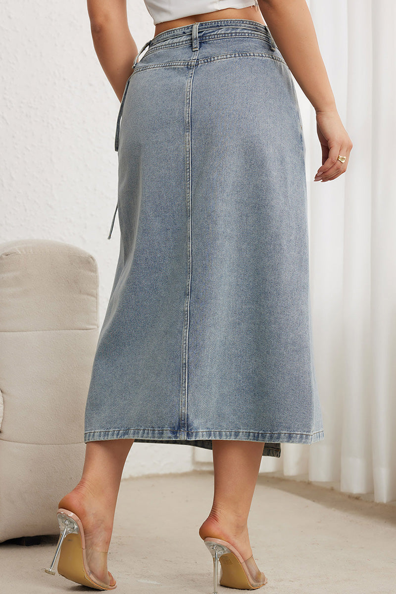 Classic Figure-Flattering Denim Skirt with Elegant Waist Tie