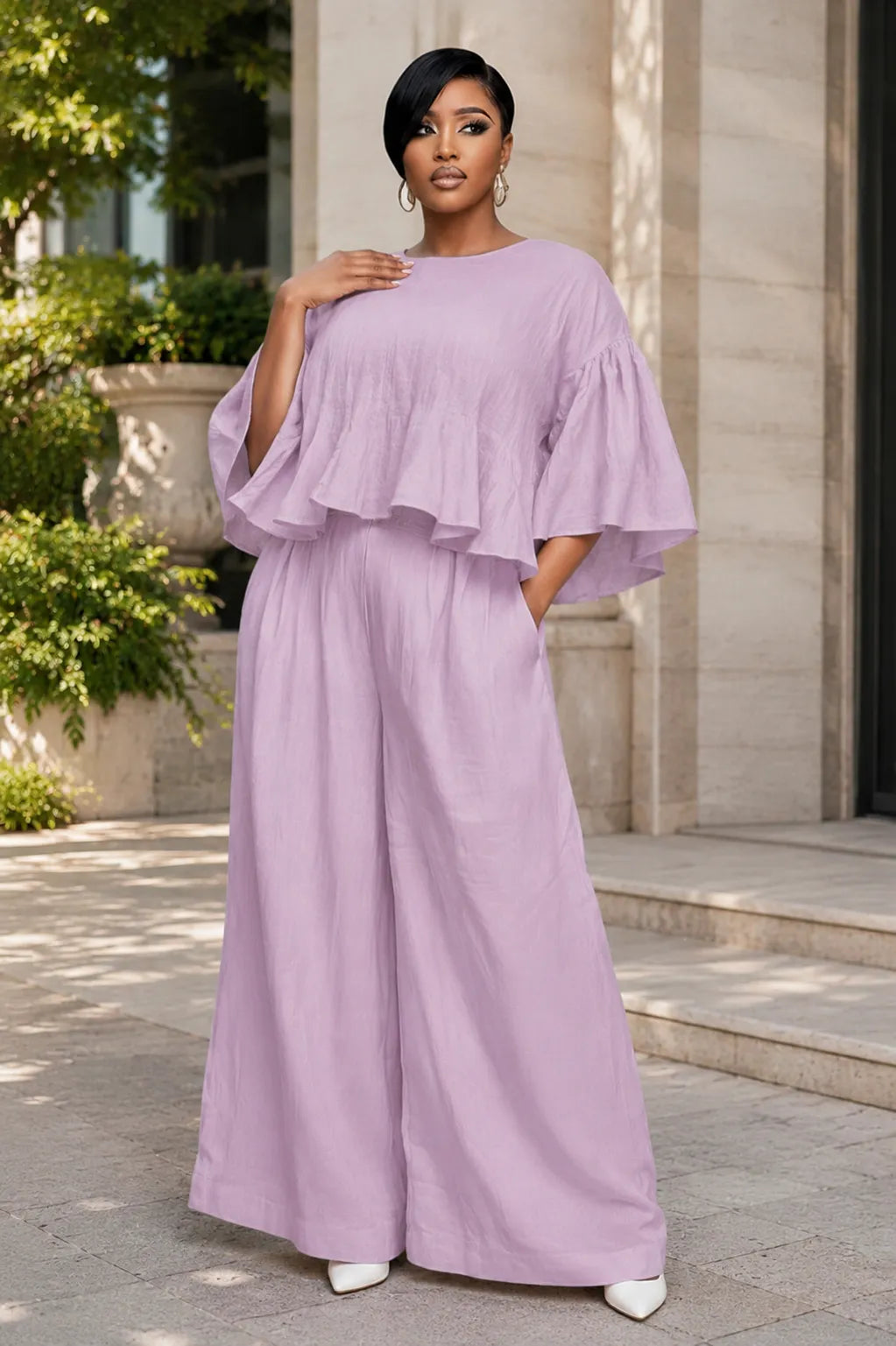 Business Casual Purple Round Neck Half Sleeve Pocket Wide Leg Linen Two Piece Pant Sets