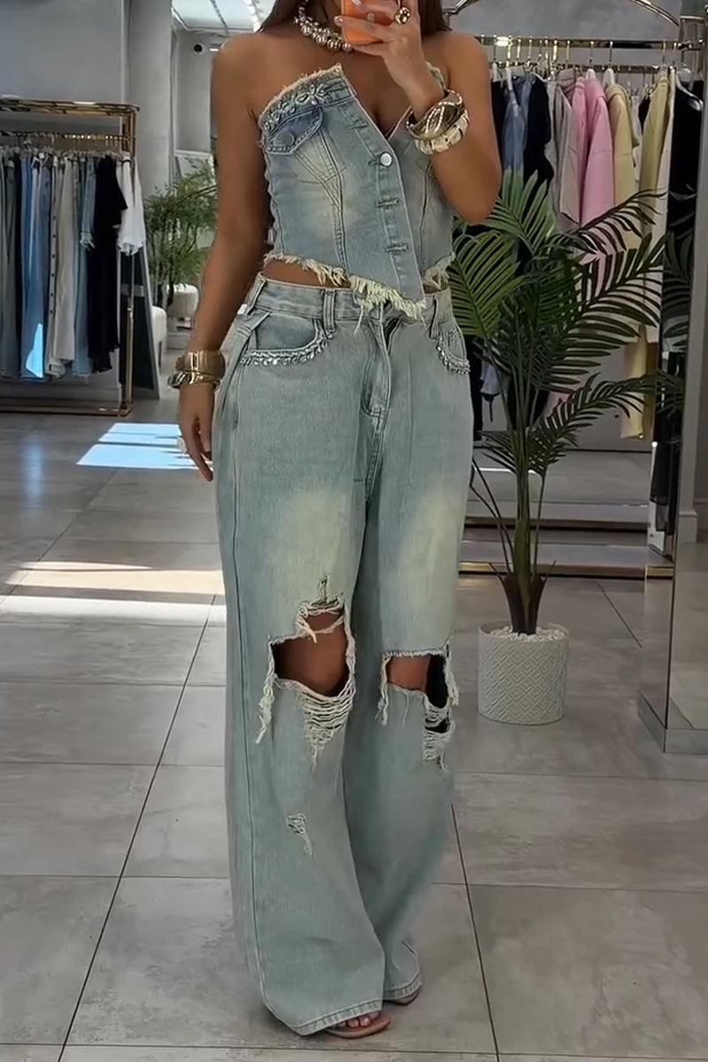 Women's Fashion Rhinestone Denim Bustier or Ripped Jeans