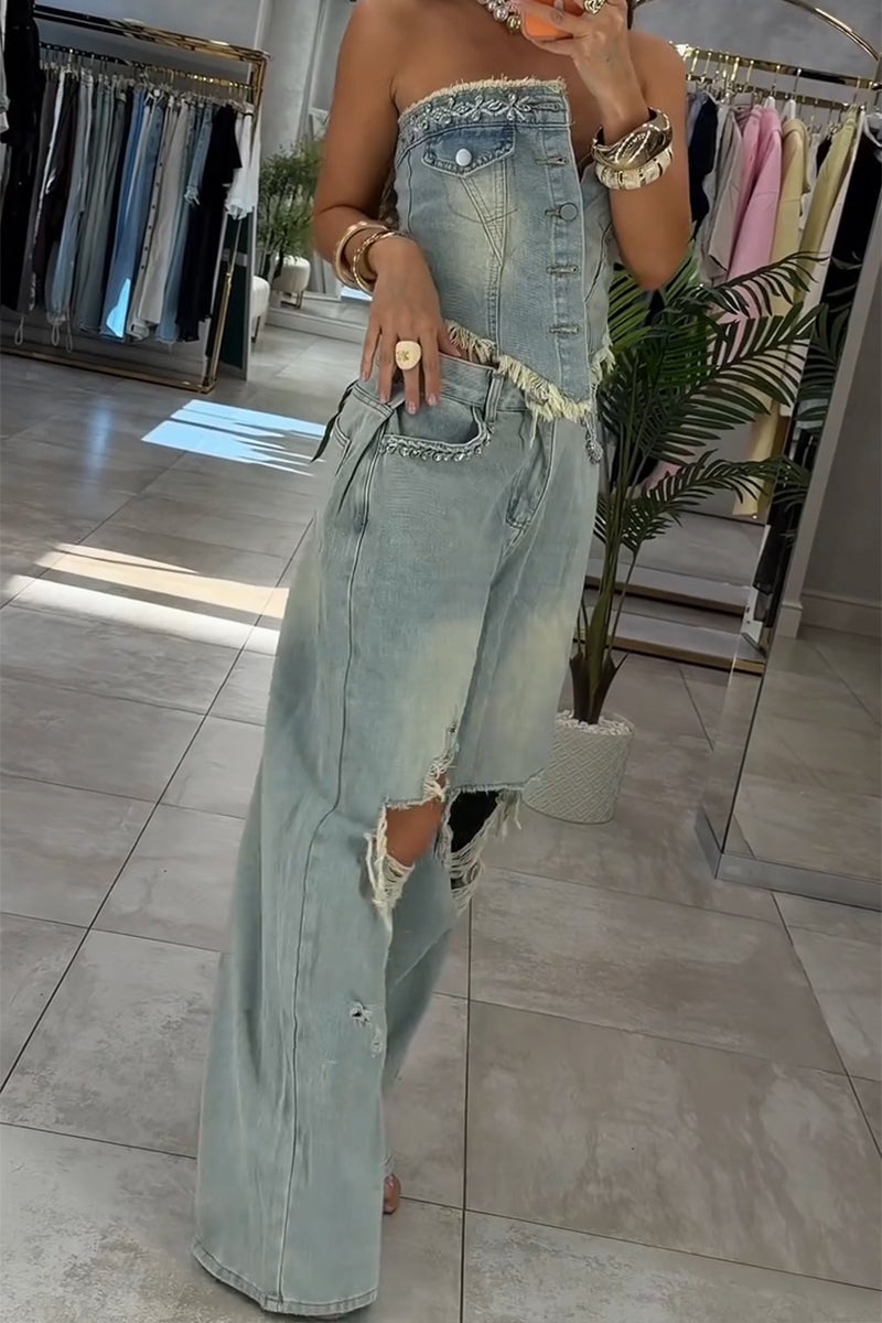 Women's Fashion Rhinestone Denim Bustier or Ripped Jeans