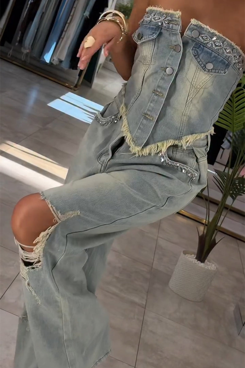 Women's Fashion Rhinestone Denim Bustier or Ripped Jeans