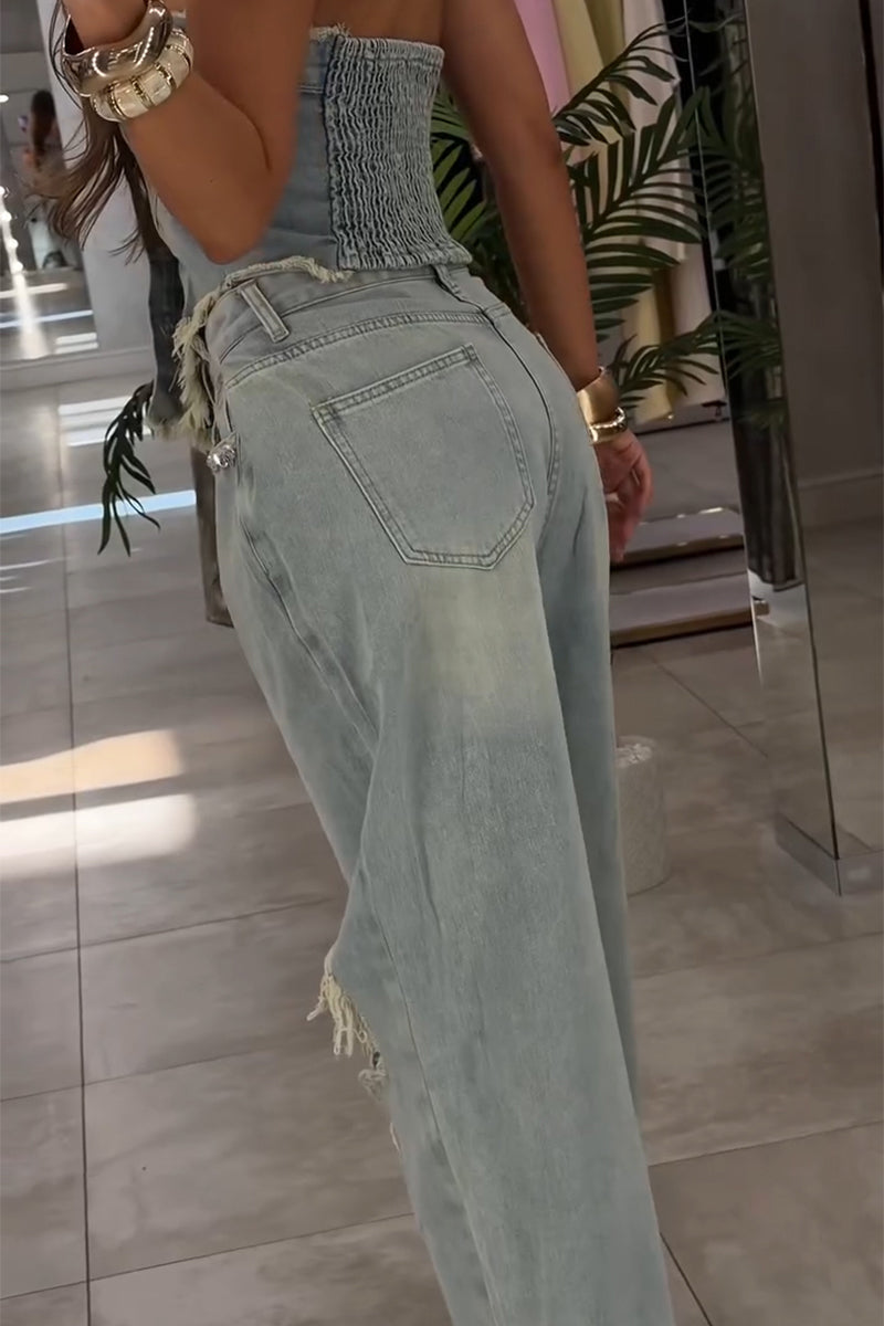 Women's Fashion Rhinestone Denim Bustier or Ripped Jeans