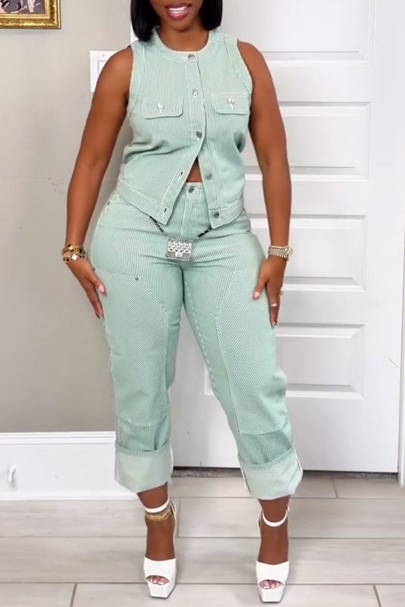 Women's Casual Stripe Button Front Vest or Patch Pants