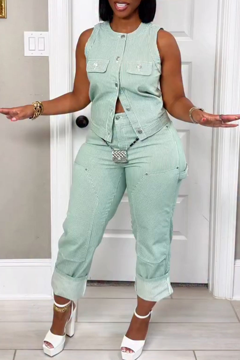 Women's Casual Stripe Button Front Vest or Patch Pants