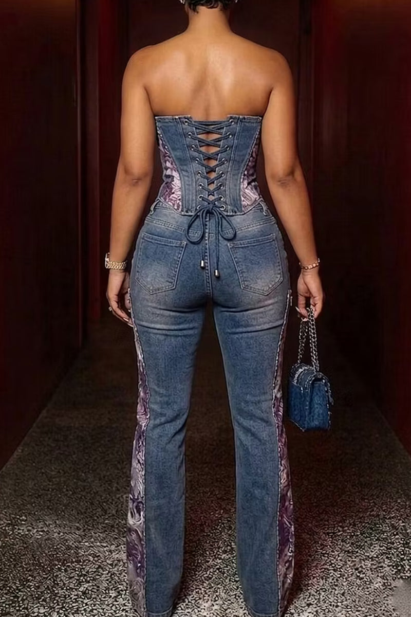Women's Casual Strapless Printed Denim Top Or Printed Patchwork Denim Wide Leg Pants