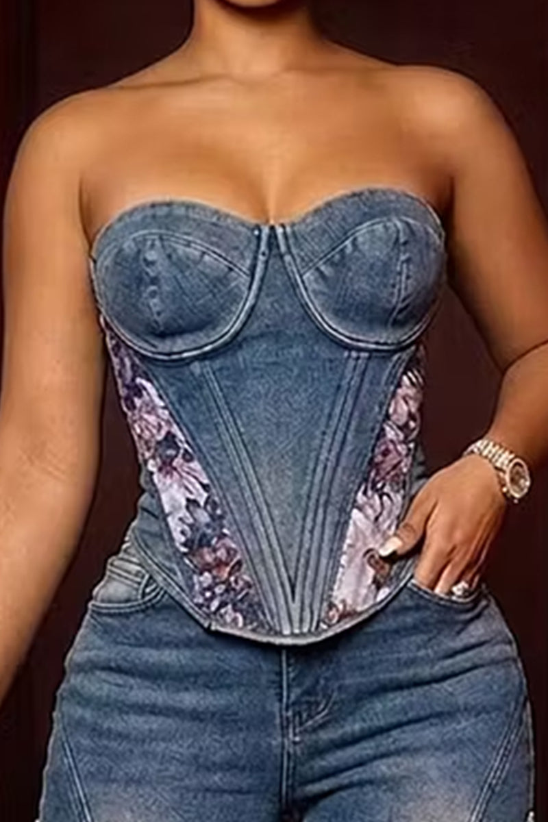 Women's Casual Strapless Printed Denim Top Or Printed Patchwork Denim Wide Leg Pants