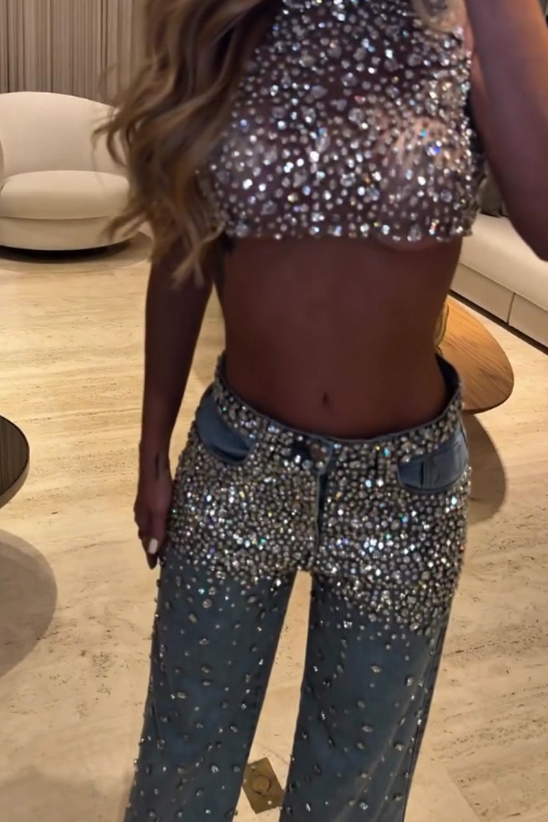 women's Sheer Mesh All Over Rhinestone Sleeveless Halter Neck Crop Top Or High Waist Gradient Rhinestone Embellished Wide Leg Denim Jeans