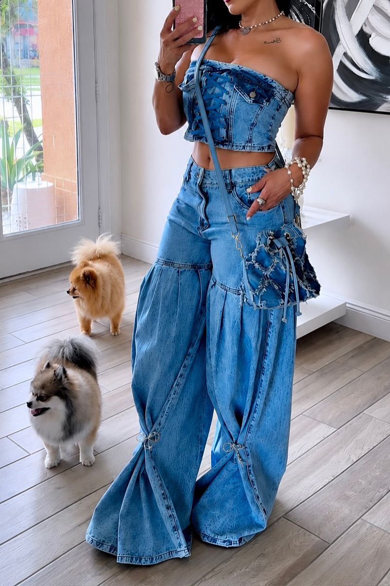 Women Light Blue Denim Strapless Front Lace Up Fitted Cropped Bustier Top Or Light Blue Washed High Waist Tier Drawstring Oversized Wide Leg Jeans