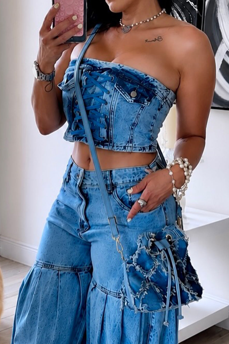 Women Light Blue Denim Strapless Front Lace Up Fitted Cropped Bustier Top Or Light Blue Washed High Waist Tier Drawstring Oversized Wide Leg Jeans