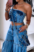 Women Light Blue Denim Strapless Front Lace Up Fitted Cropped Bustier Top Or Light Blue Washed High Waist Tier Drawstring Oversized Wide Leg Jeans