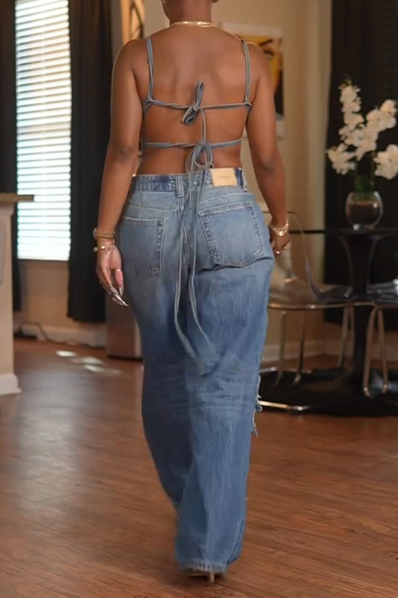 Women's Casual Lace Up Outerwear Bustier or Ripped Jeans