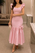 Women's Elegant Beaded Neckline Satin Patchwork Hem Midi Dress