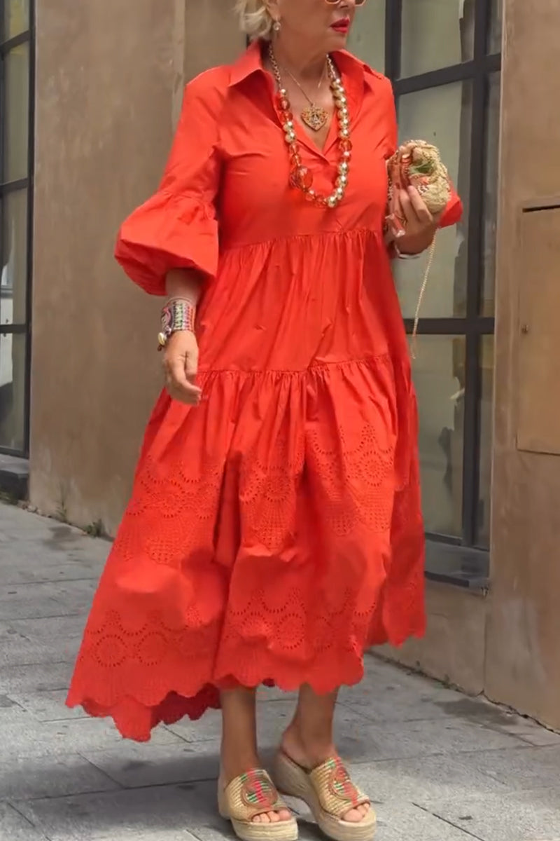 Women's Collar Patchwork Pattern Hollowed Out Elegant Casual Dress