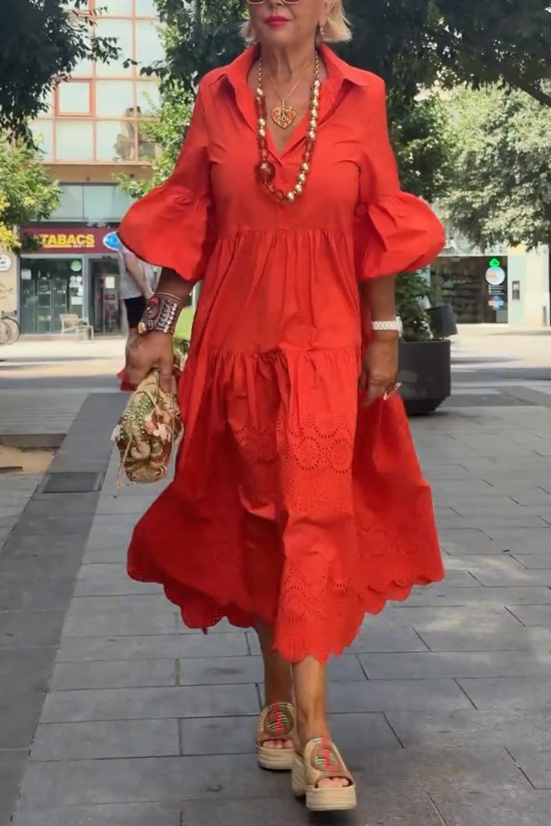Women's Collar Patchwork Pattern Hollowed Out Elegant Casual Dress