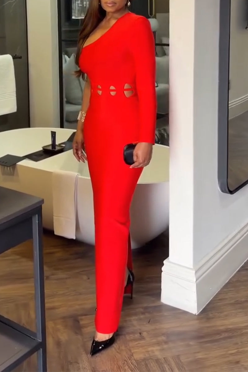 Women's Oblique Shoulder Waist Hollow Solid Color Sexy Temperament Dress