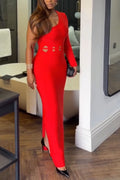 Women's Oblique Shoulder Waist Hollow Solid Color Sexy Temperament Dress