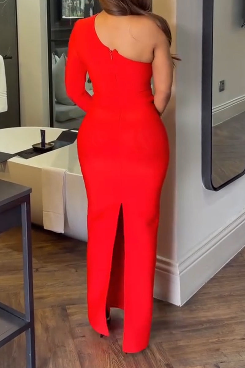 Women's Oblique Shoulder Waist Hollow Solid Color Sexy Temperament Dress
