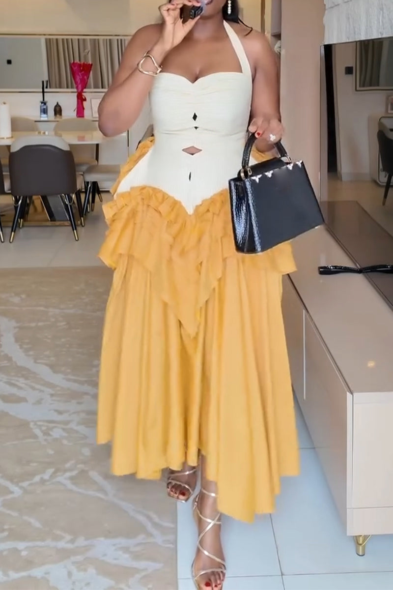 Women's Neck Hanging Patchwork Hollow Irregular Elegant Casual Dress