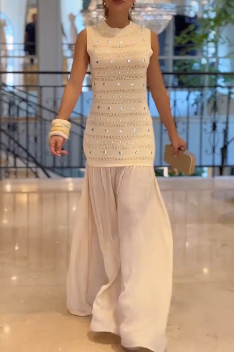 Women's Round Neck Sleeveless Rivet Hollow Splicing Elegant Temperament Dress