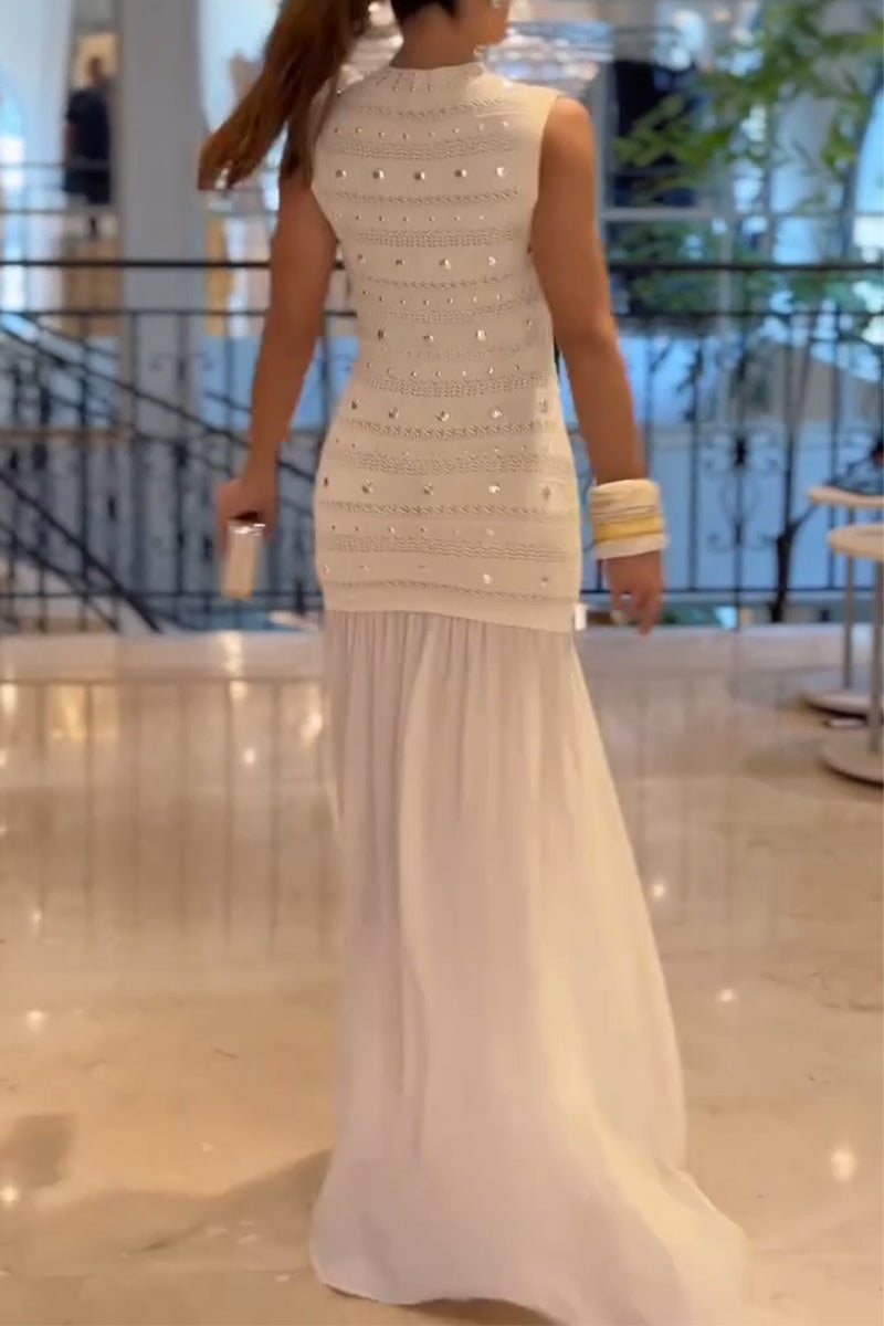 Women's Round Neck Sleeveless Rivet Hollow Splicing Elegant Temperament Dress