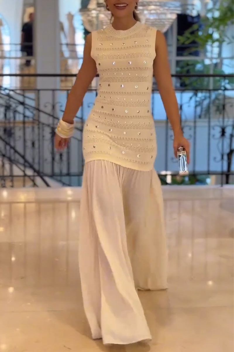 Women's Round Neck Sleeveless Rivet Hollow Splicing Elegant Temperament Dress