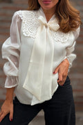 Women's Round Neck Patchwork Pattern Hollowed Out Transparent Sleeves Elegant Casual Top