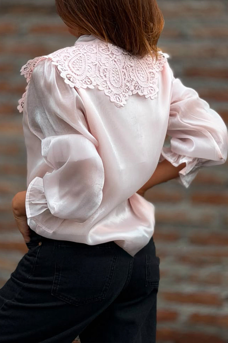 Women's Round Neck Patchwork Pattern Hollowed Out Transparent Sleeves Elegant Casual Top