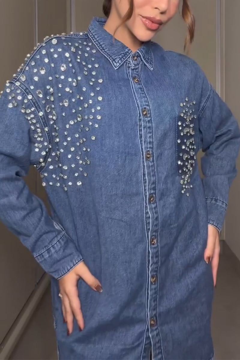 Women's Lapel Sticker Diamond Buckle Casual Denim Shirt