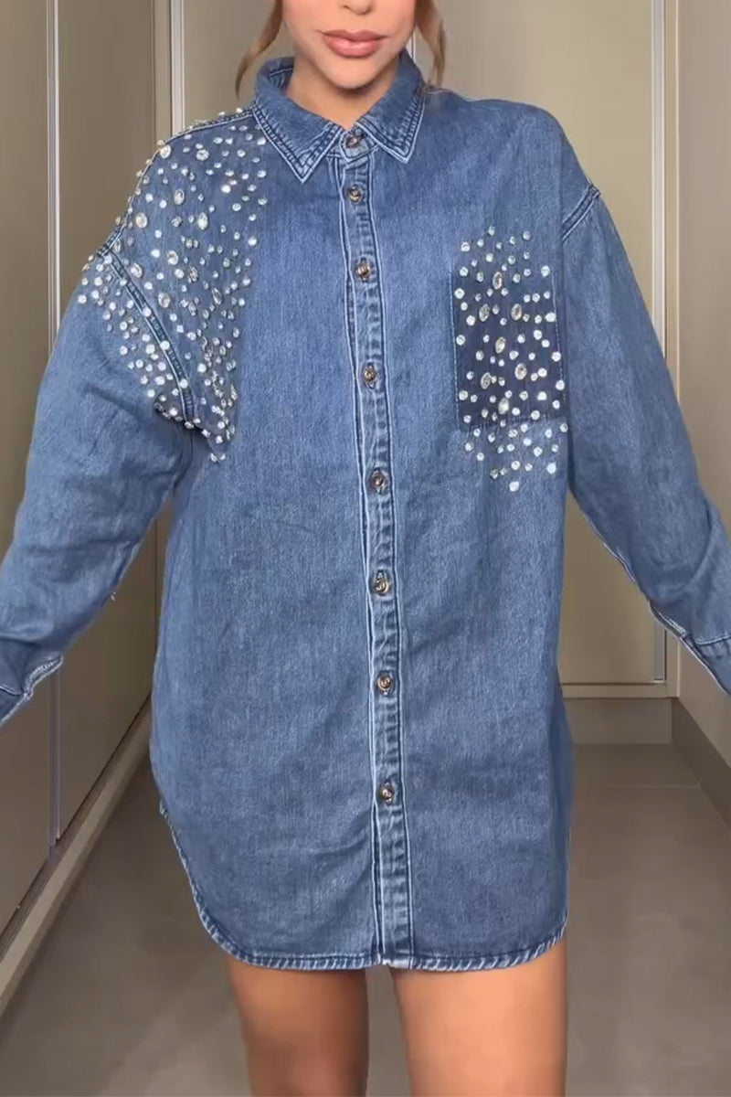 Women's Lapel Sticker Diamond Buckle Casual Denim Shirt