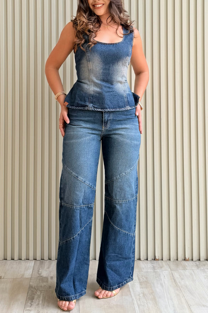 Women's Casual U-neck Washed Denim Top or Spliced Wide Leg Jeans