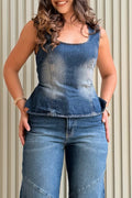 Women's Casual U-neck Washed Denim Top or Spliced Wide Leg Jeans