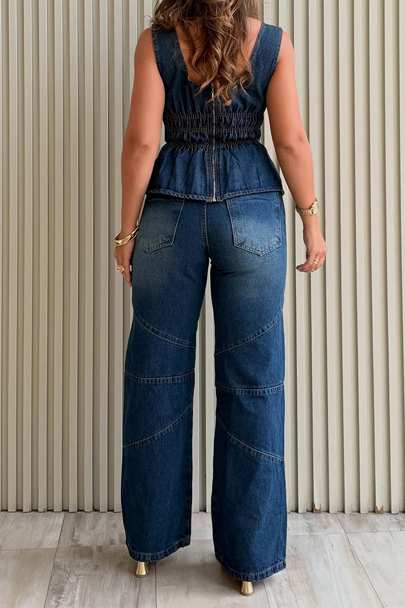 Women's Casual U-neck Washed Denim Top or Spliced Wide Leg Jeans
