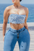 Women's Sexy Casual Strapless Fringed Denim Top or Spliced Tight Jeans