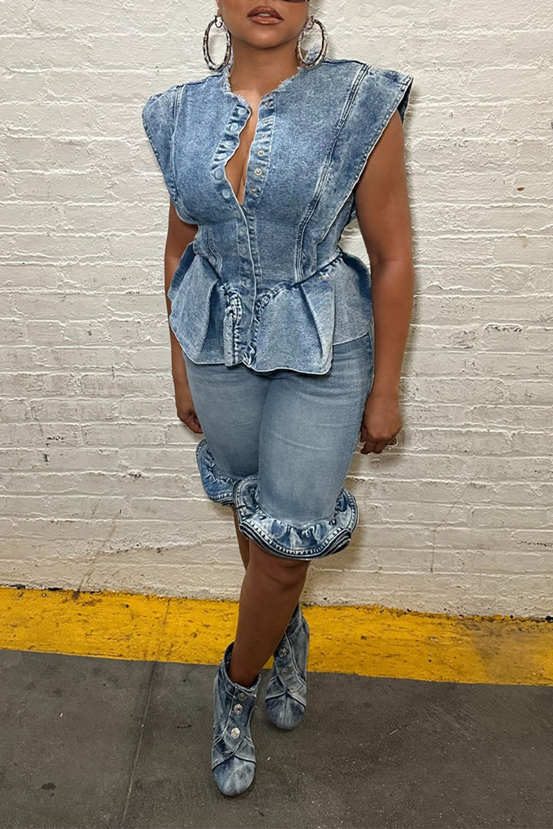 Women's Fashion Wide Shoulder Ruffle Hem Denim Vest or Short Jeans