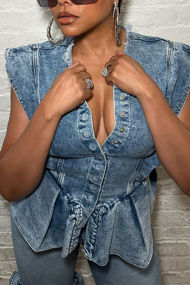 Women's Fashion Wide Shoulder Ruffle Hem Denim Vest or Short Jeans