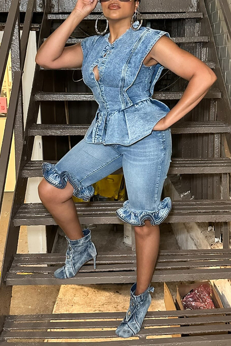 Women's Fashion Wide Shoulder Ruffle Hem Denim Vest or Short Jeans