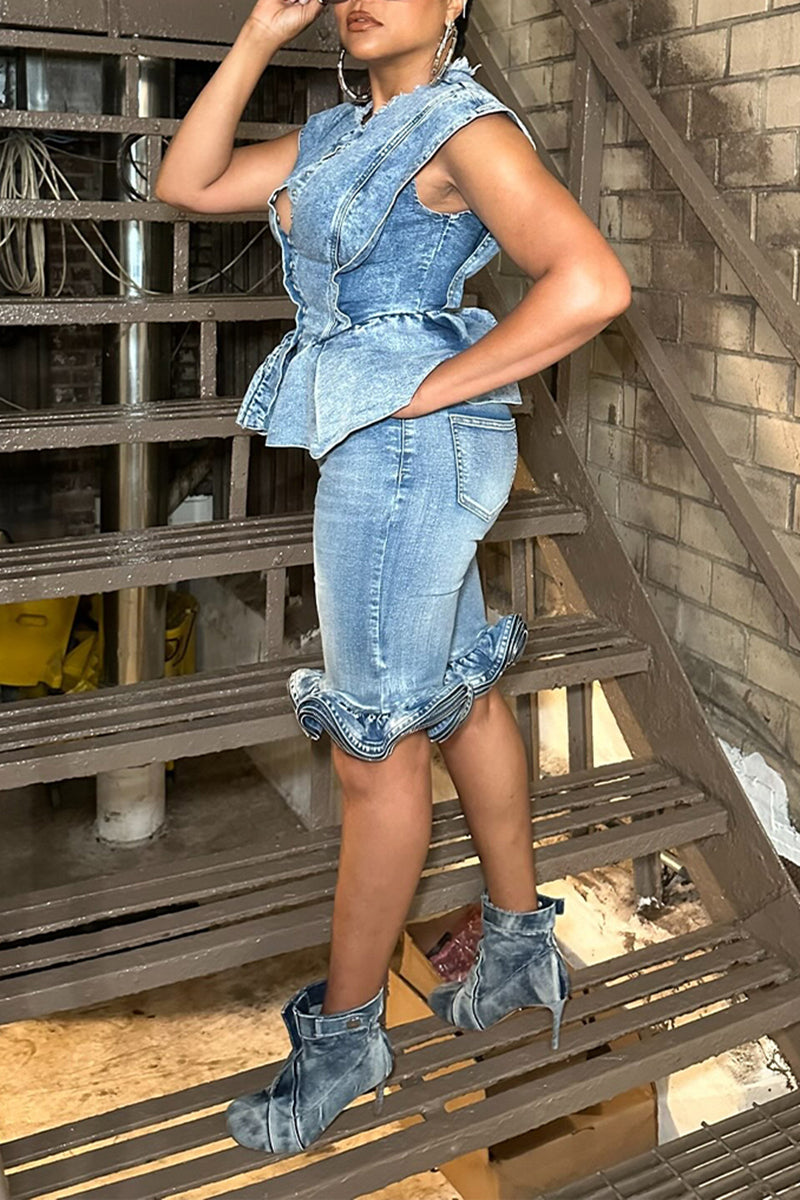 Women's Fashion Wide Shoulder Ruffle Hem Denim Vest or Short Jeans