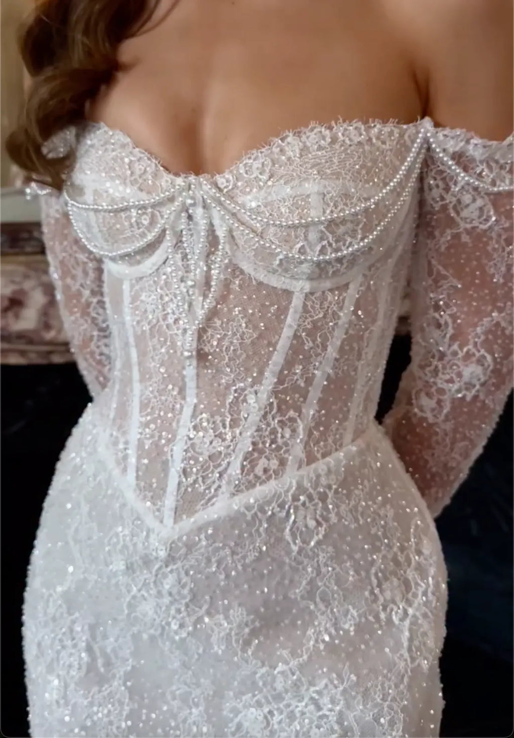 White Off-the-Shoulder Lace Corset Mini Dress with Pearl Embellishments